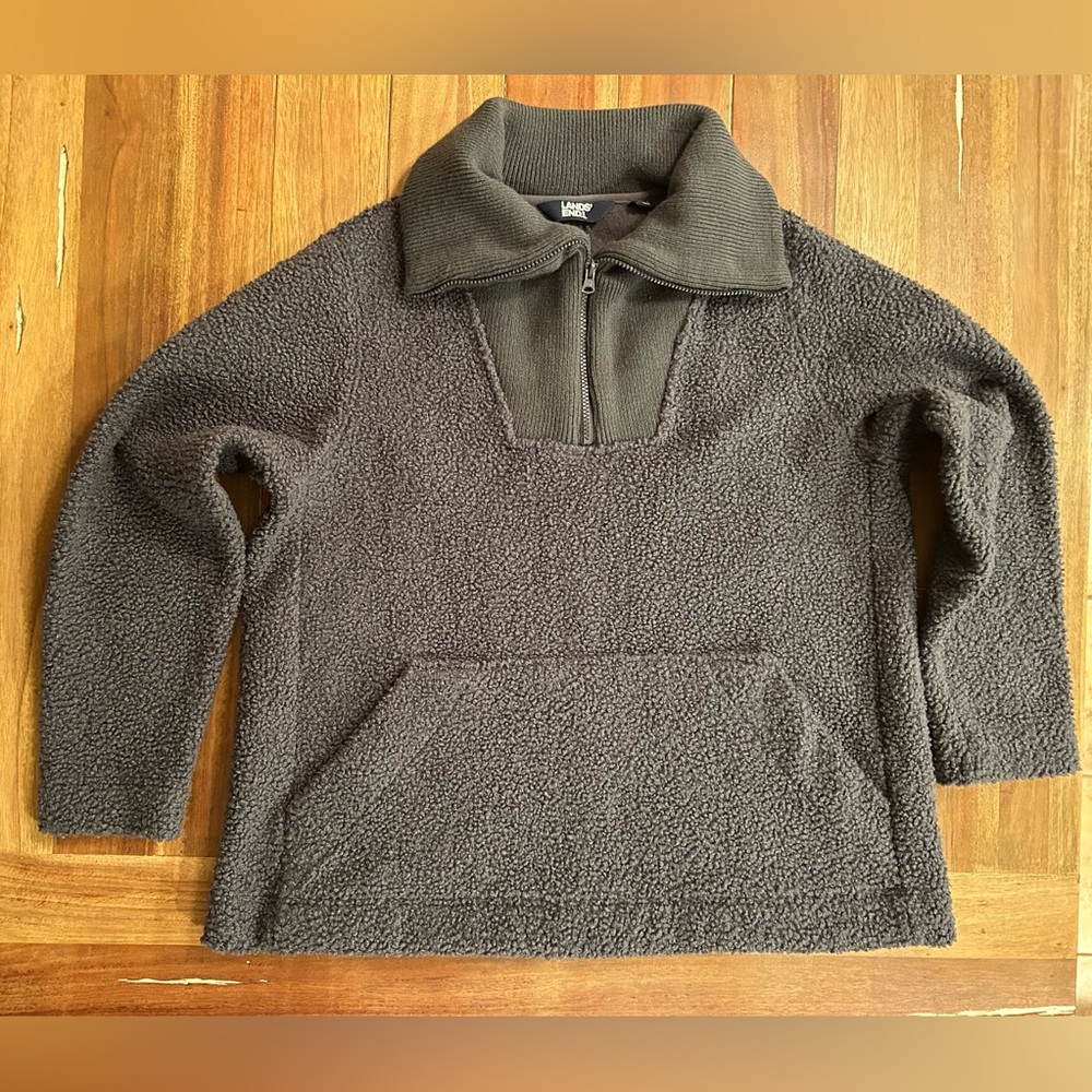 Lands End Womens Large Charcoal Gray Boucle Fleece Half‎ Zip Pullover Sweater
